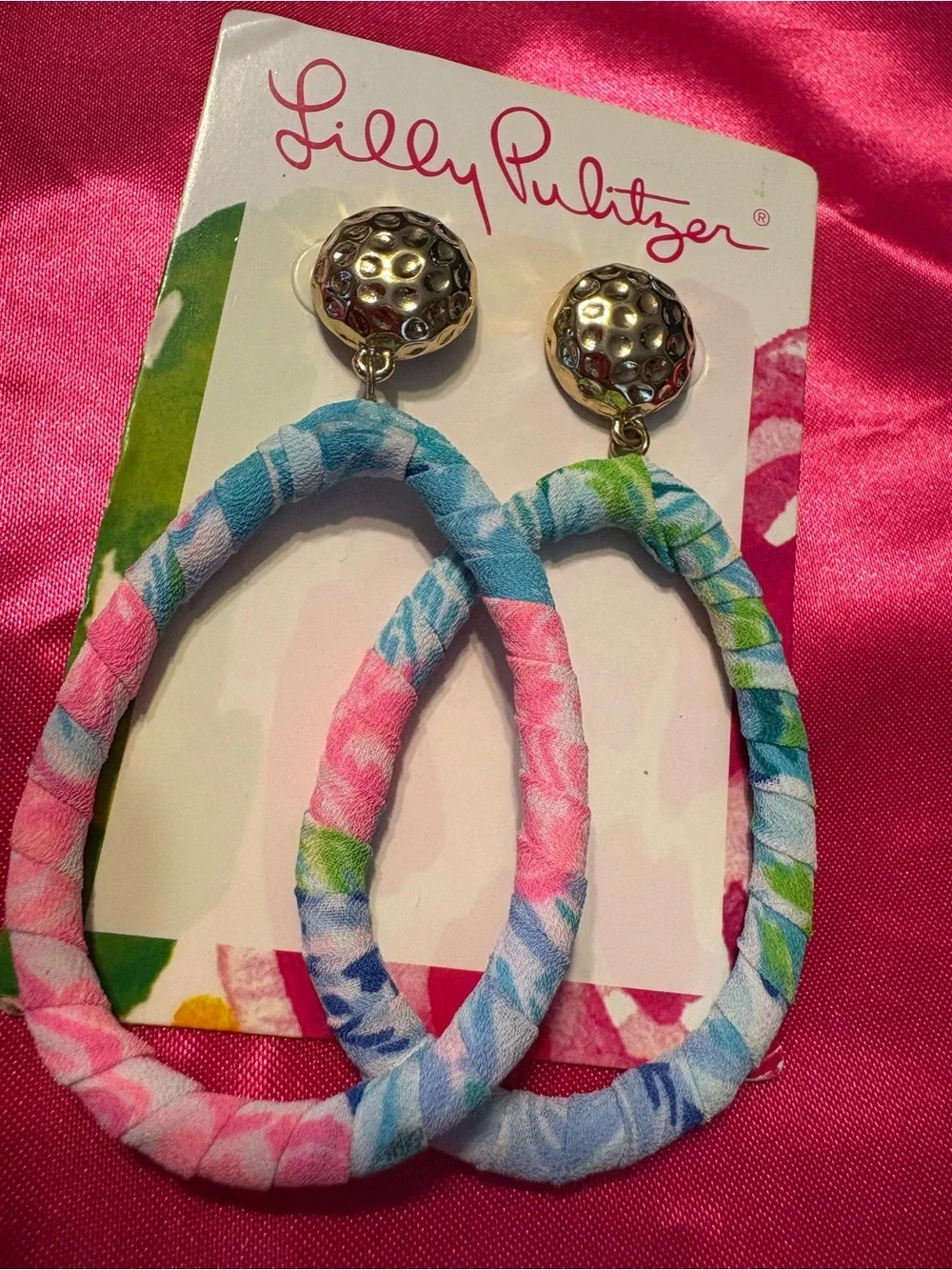 Lilly Pulitzer Pink Blue Green Floral Fabric-Wrapped Hoop Earrings